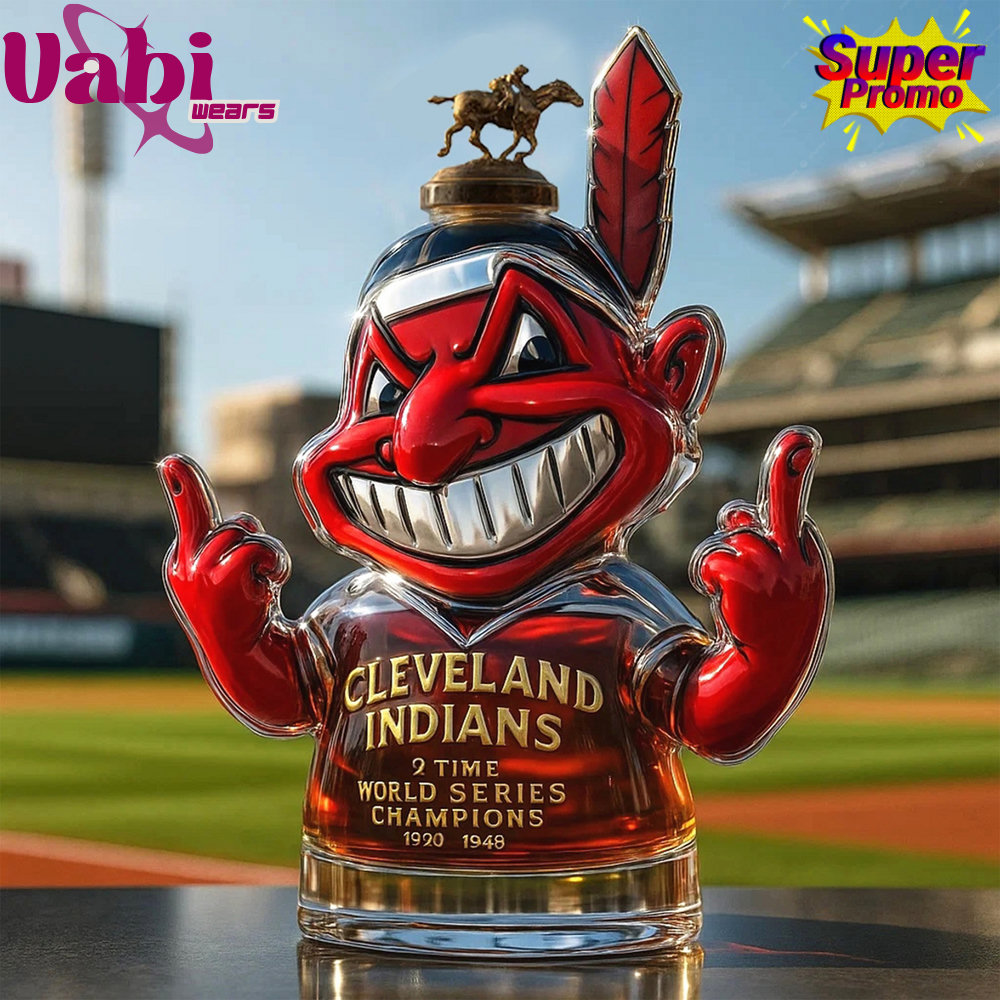 Cleveland Indians Chief Wahoo '2 Time World Series Champions' Whiskey Bottle - Image 4